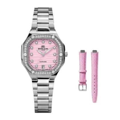 Roscani ROSWE619G2 Pink Dial 30X30MM Silver Stainless Steel Strap + Free Leather Strap Analog Women Watch